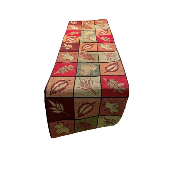 Fall Reversible Table Runner Brocade Leaf Red Pattern Multi Colored 13"W x 88"L - Picture 7 of 10